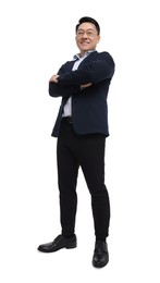 Photo of Businessman in suit posing on white background, low angle view