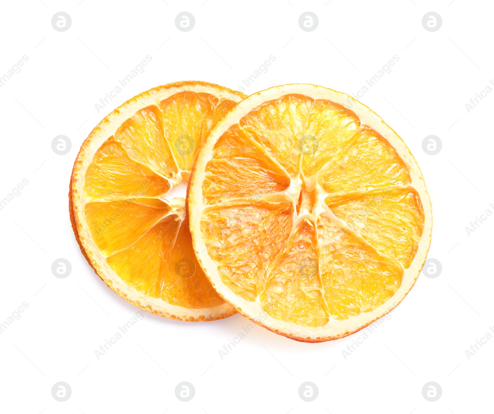 Delicious dry orange slices on white background, top view Photo of Delicious dry orange slices on white background, top view