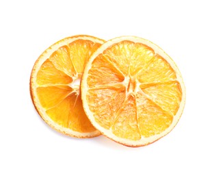 Photo of Delicious dry orange slices on white background, top view