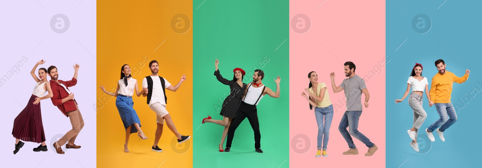 Image of Romantic date. Lovely couple dancing on color backgrounds, set of photos