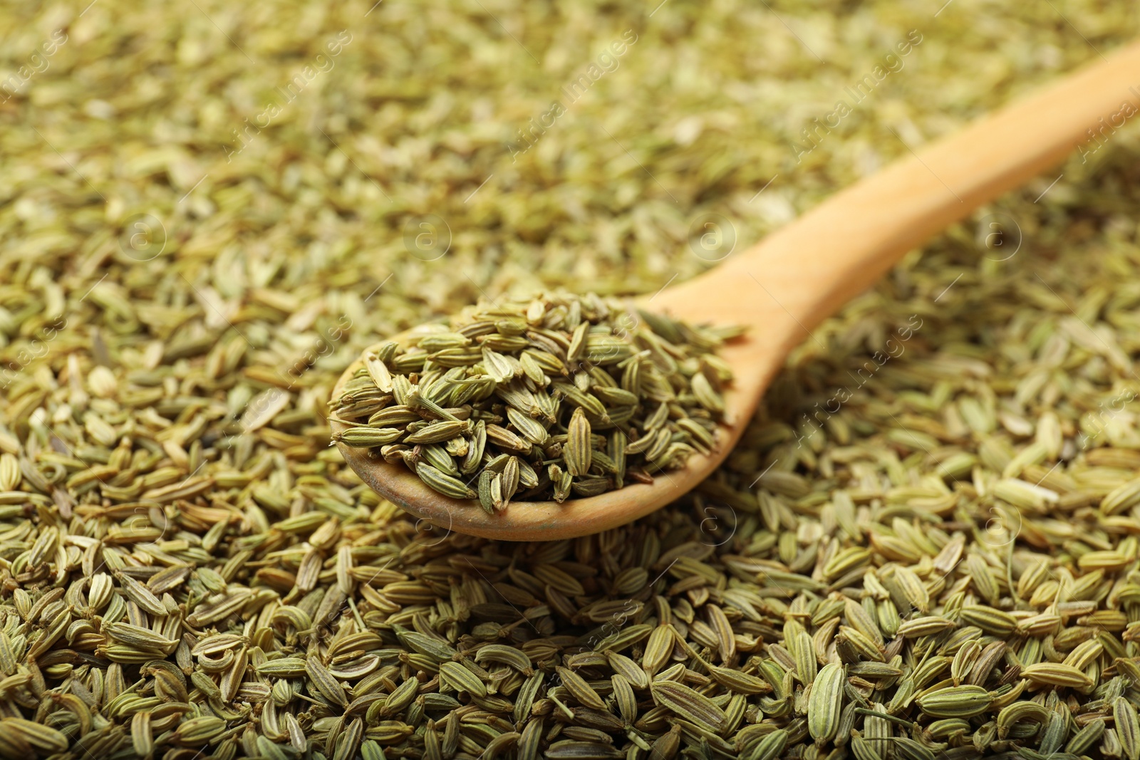 Photo of Heap of fennel seeds and wooden spoon as background, closeup