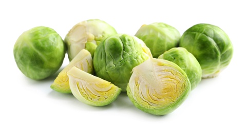 Photo of Fresh tasty Brussels sprouts on white background