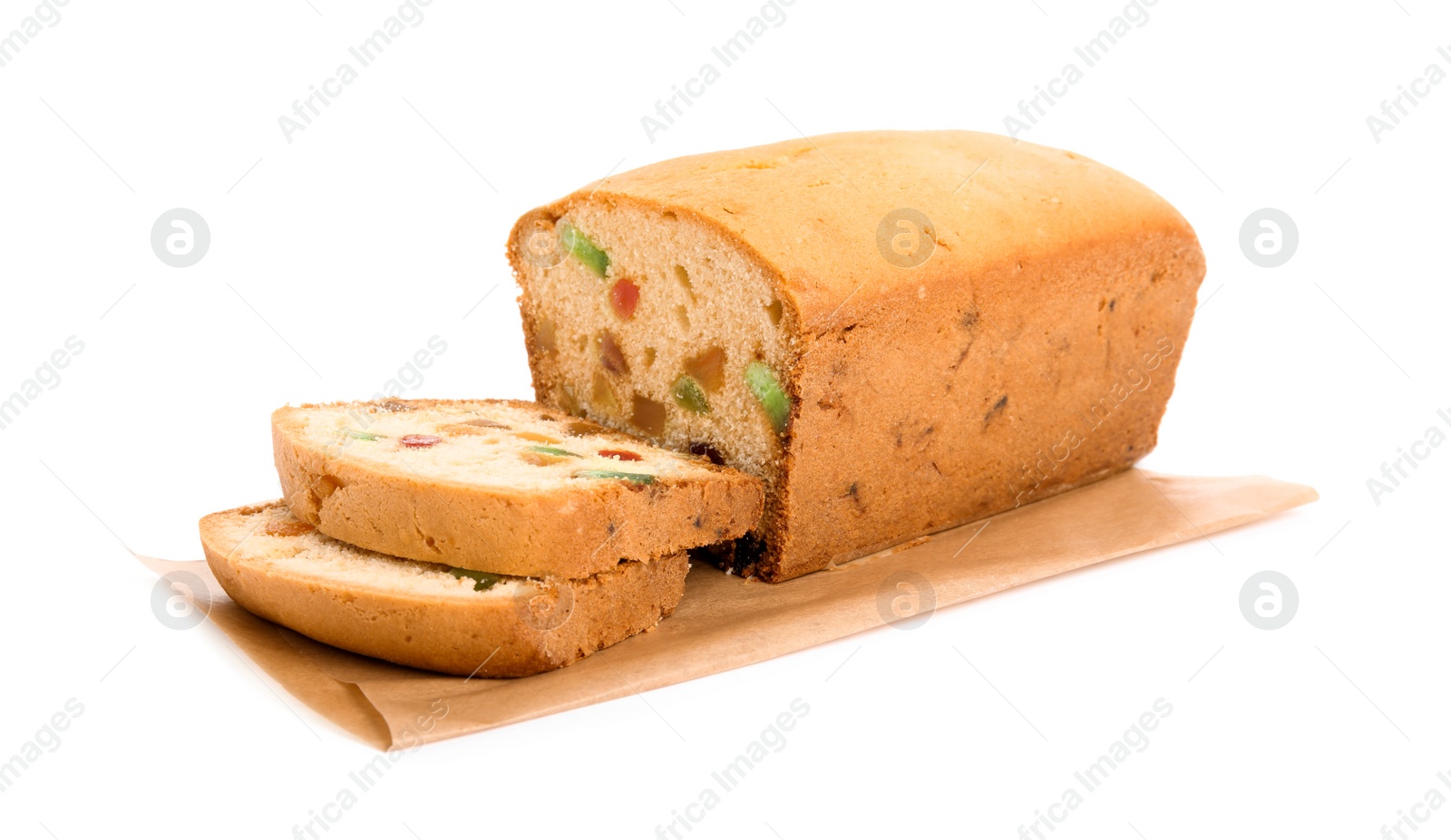 Photo of Delicious cake with candied fruits on white background