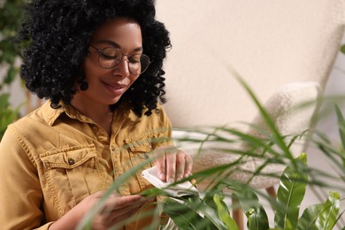 Happy woman wiping beautiful houseplant leaves indoors