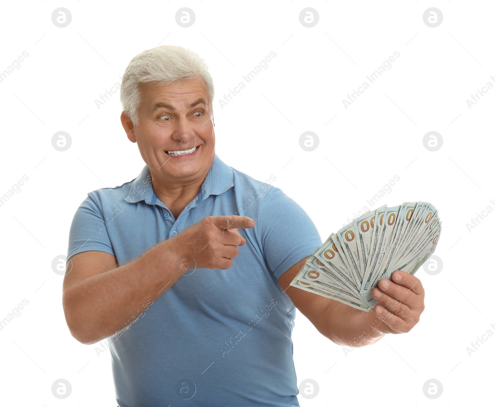 Photo of Emotional senior man with cash money on white background