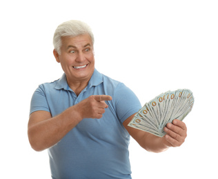Photo of Emotional senior man with cash money on white background