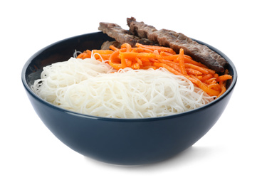 Photo of Tasty cooked rice noodles with meat and carrot isolated on white