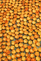 Photo of Many halved apricots on metal drying rack, flat lay