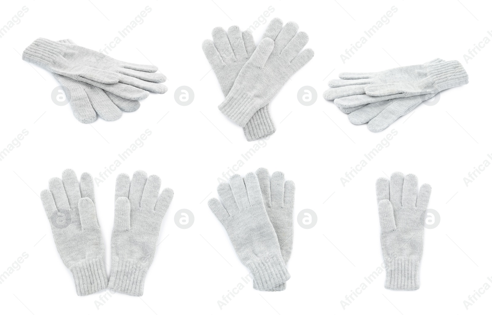 Image of Set of light grey  woolen gloves on white background