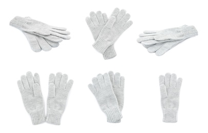 Set of light grey  woolen gloves on white background