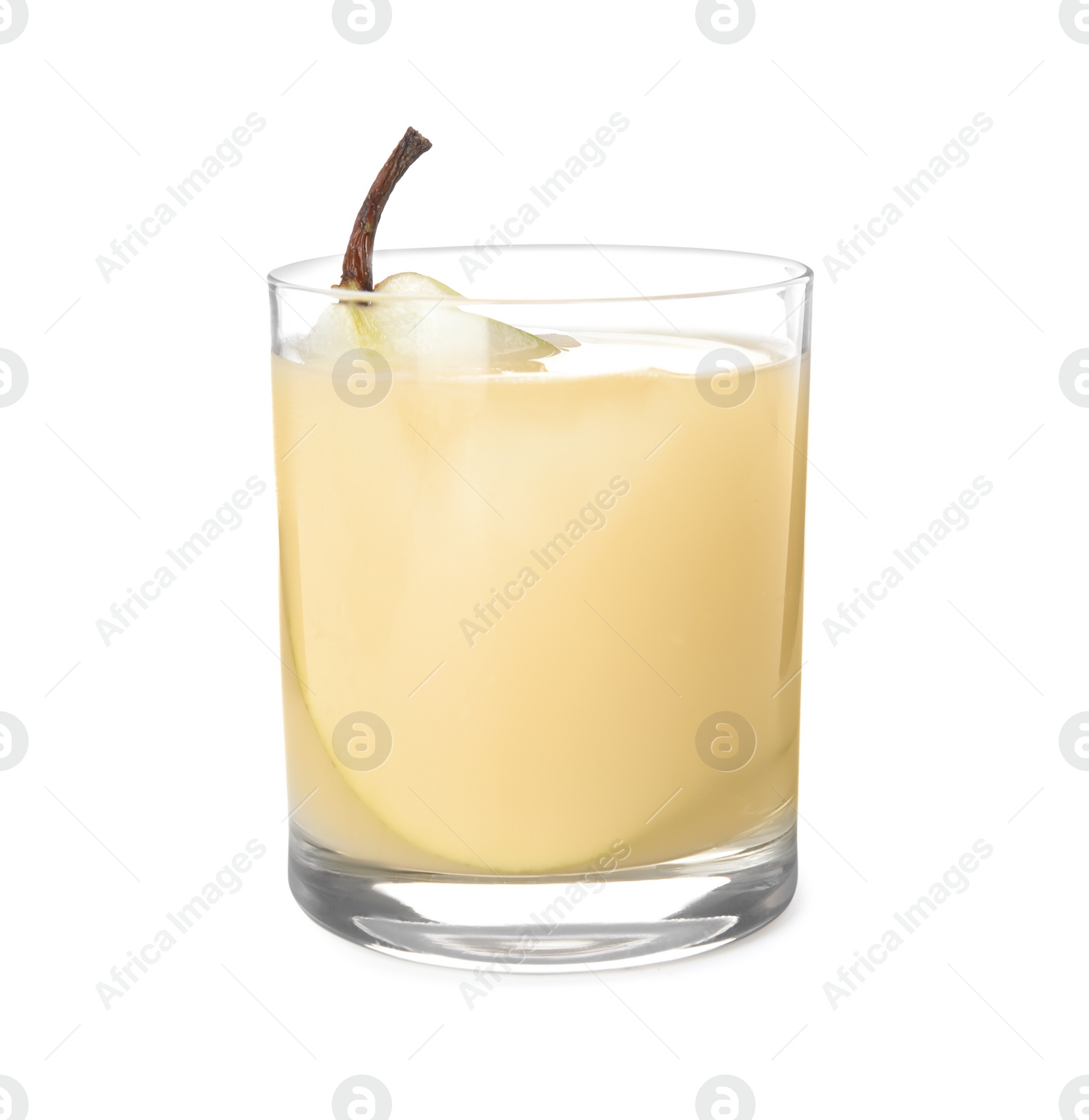 Photo of Tasty juice and pear in glass isolated on white