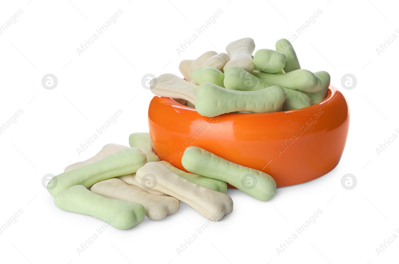 Photo of Different bone shaped dog cookies and feeding bowl on white background