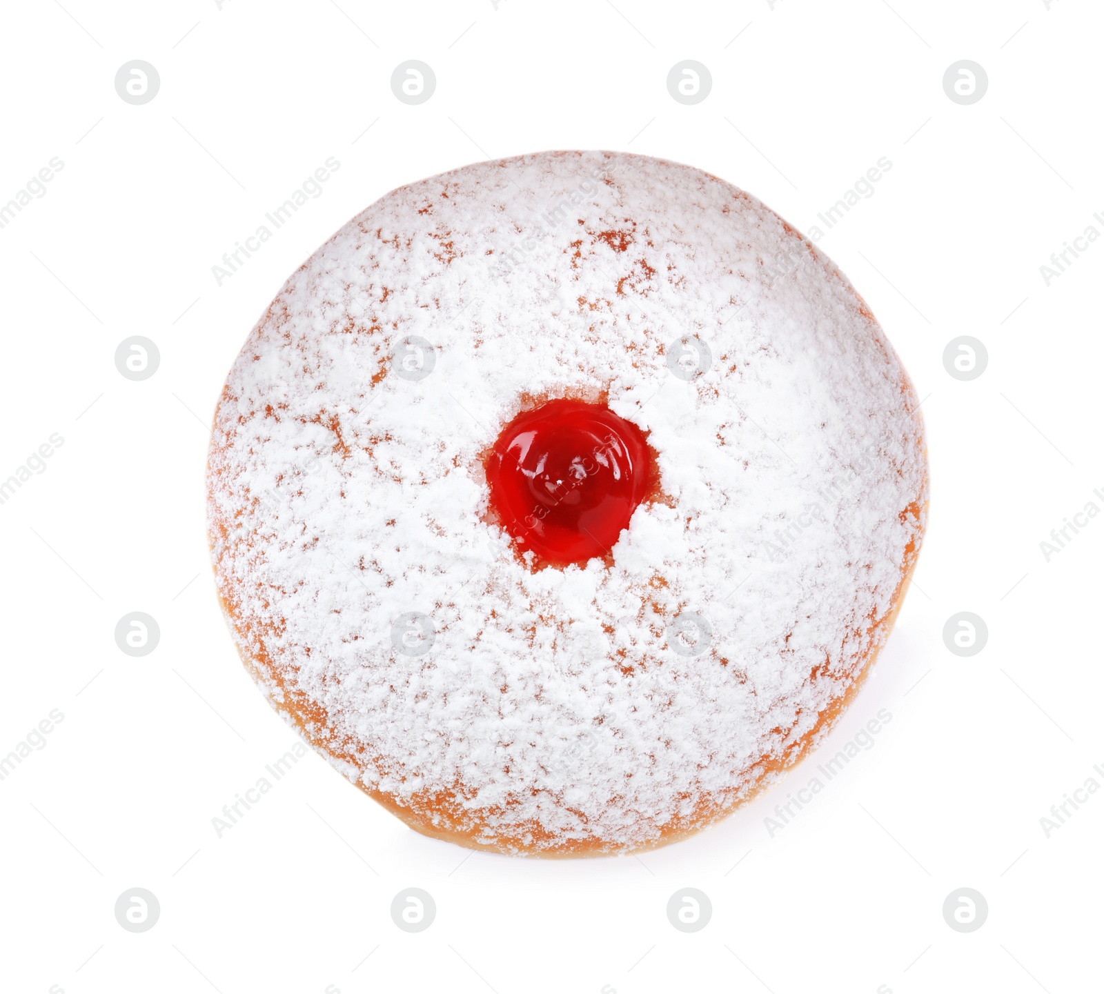 Photo of Delicious donut with jelly and powdered sugar isolated on white, top view