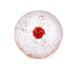 Delicious donut with jelly and powdered sugar isolated on white, top view