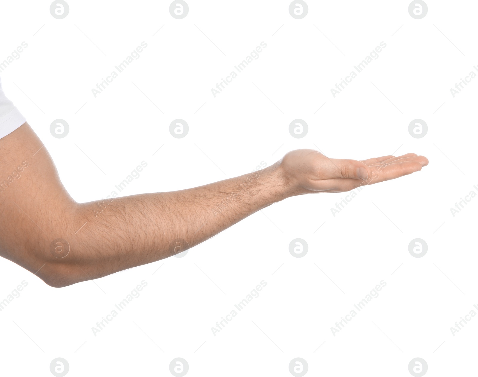 Photo of Man extending hand on white background, closeup