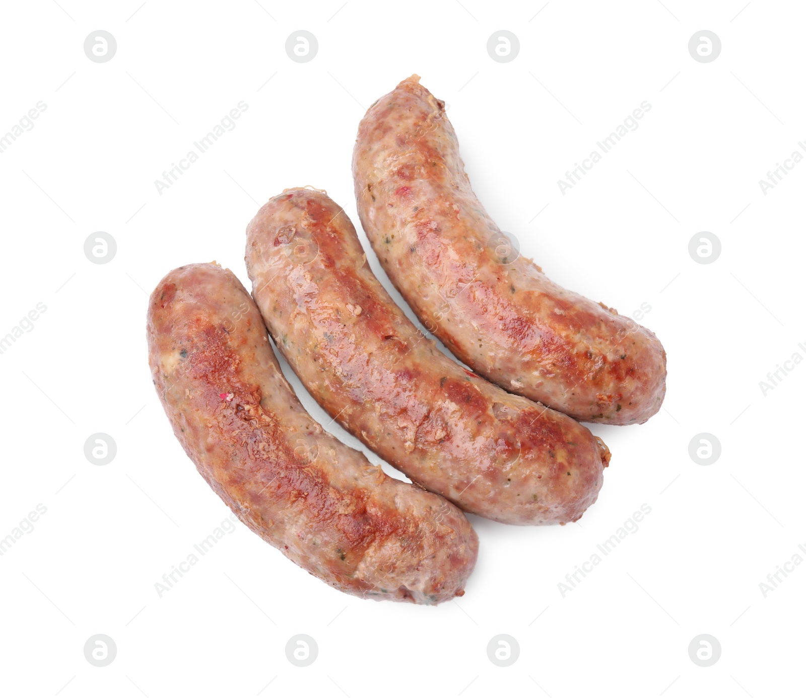 Photo of Three tasty homemade sausages isolated on white, top view