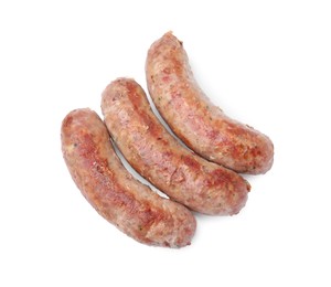 Photo of Three tasty homemade sausages isolated on white, top view