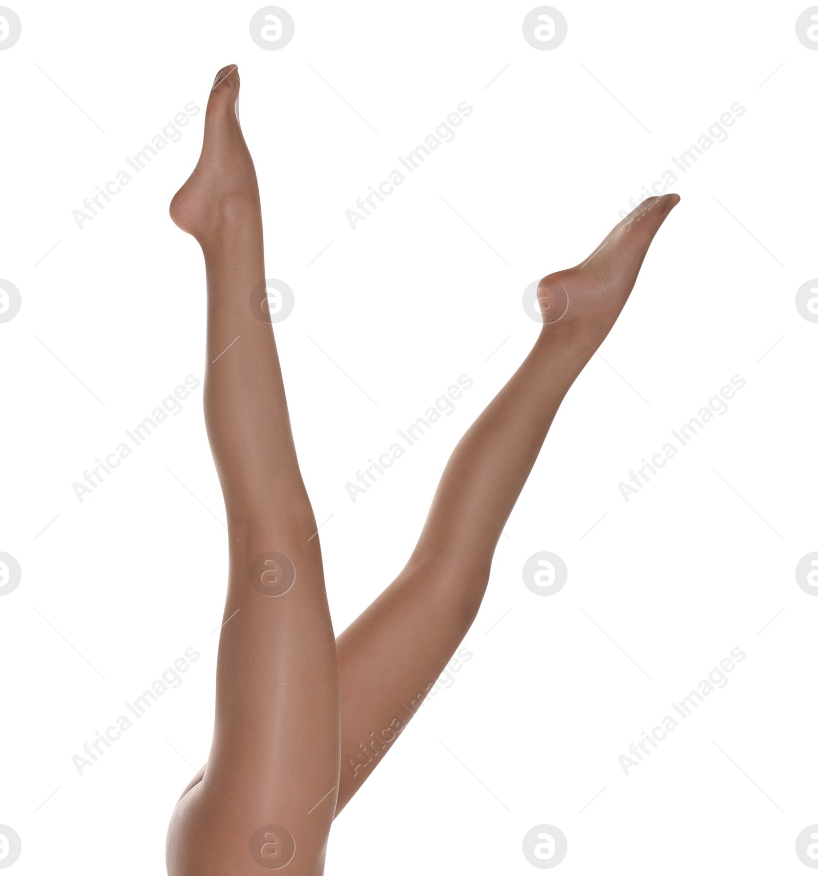 Photo of Woman with beautiful long legs wearing tights on white background, closeup