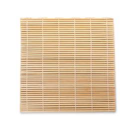 Sushi mat made of bamboo on white background, top view