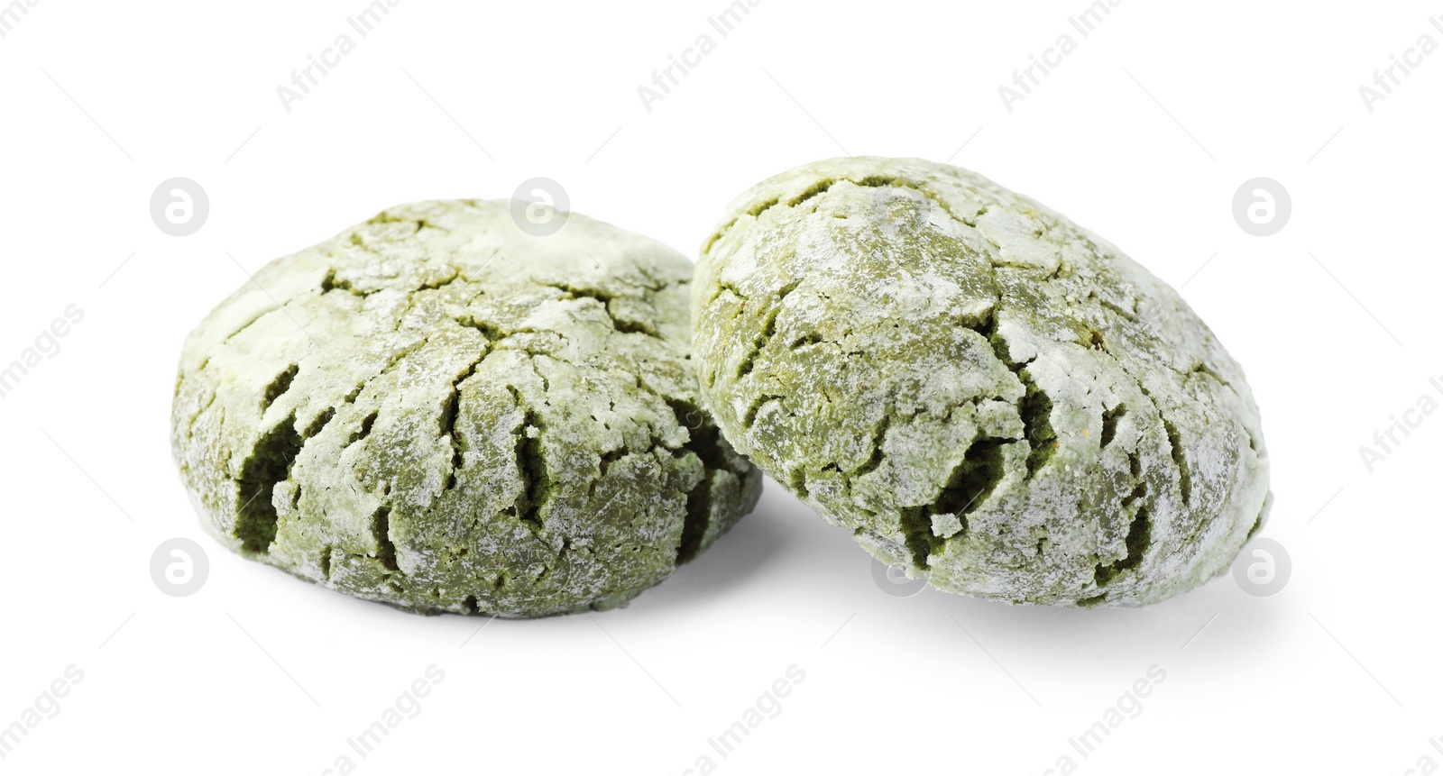 Photo of Two tasty matcha cookies on white background