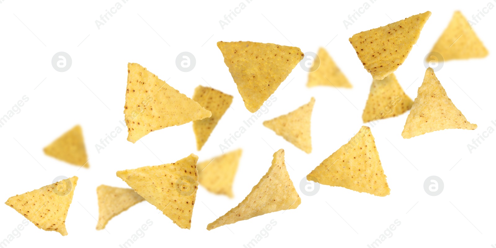 Image of Tasty tortilla chips (nachos) falling on white background. Banner design