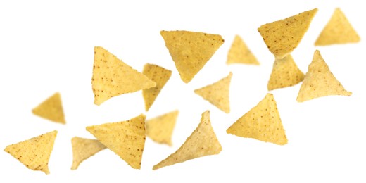 Image of Tasty tortilla chips (nachos) falling on white background. Banner design