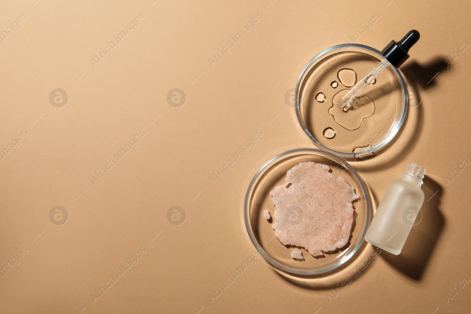 Photo of Flat lay composition with Petri dishes on beige background. Space for text