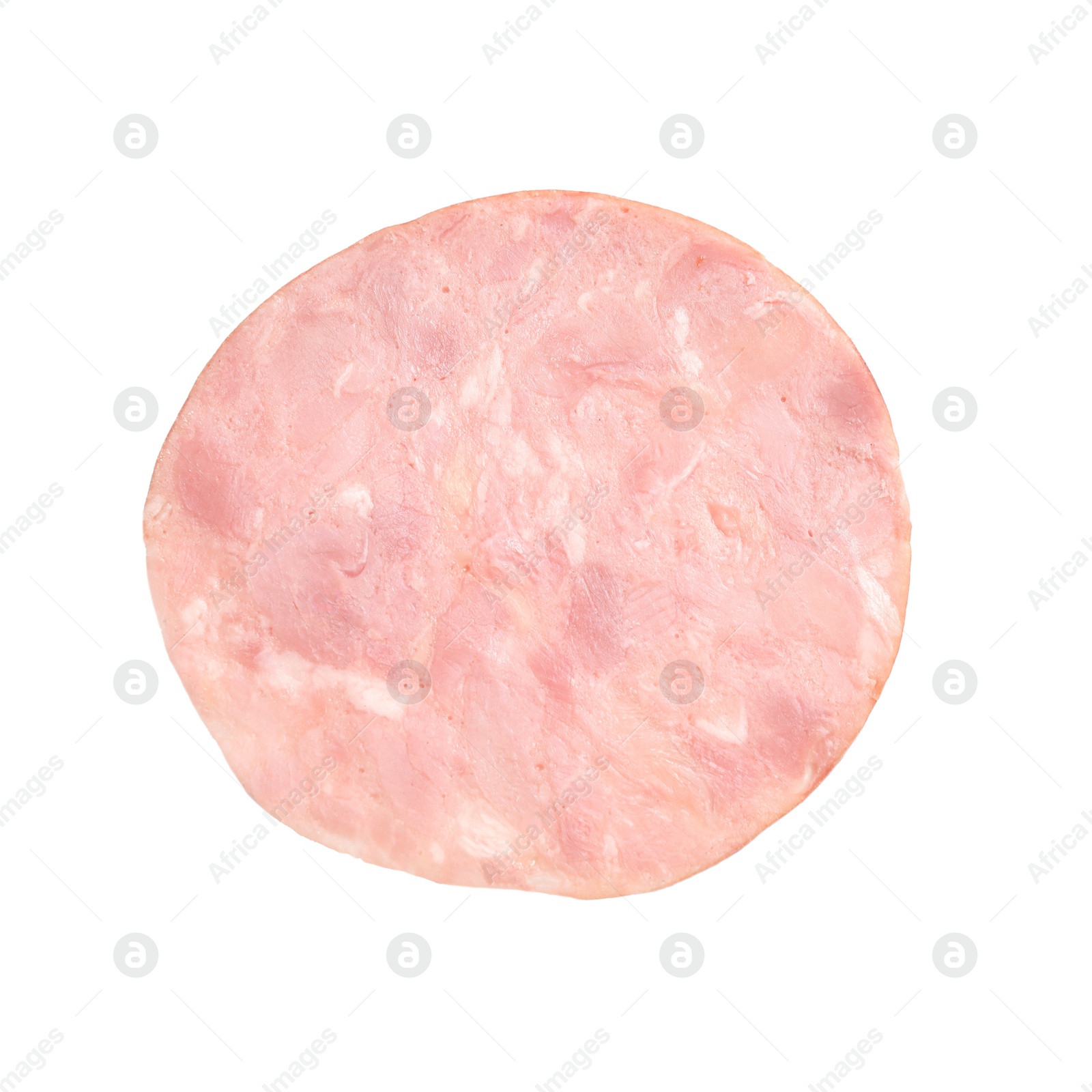 Photo of Slice of tasty fresh ham isolated on white, top view