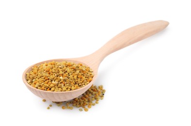 Spoon with fresh bee pollen granules isolated on white