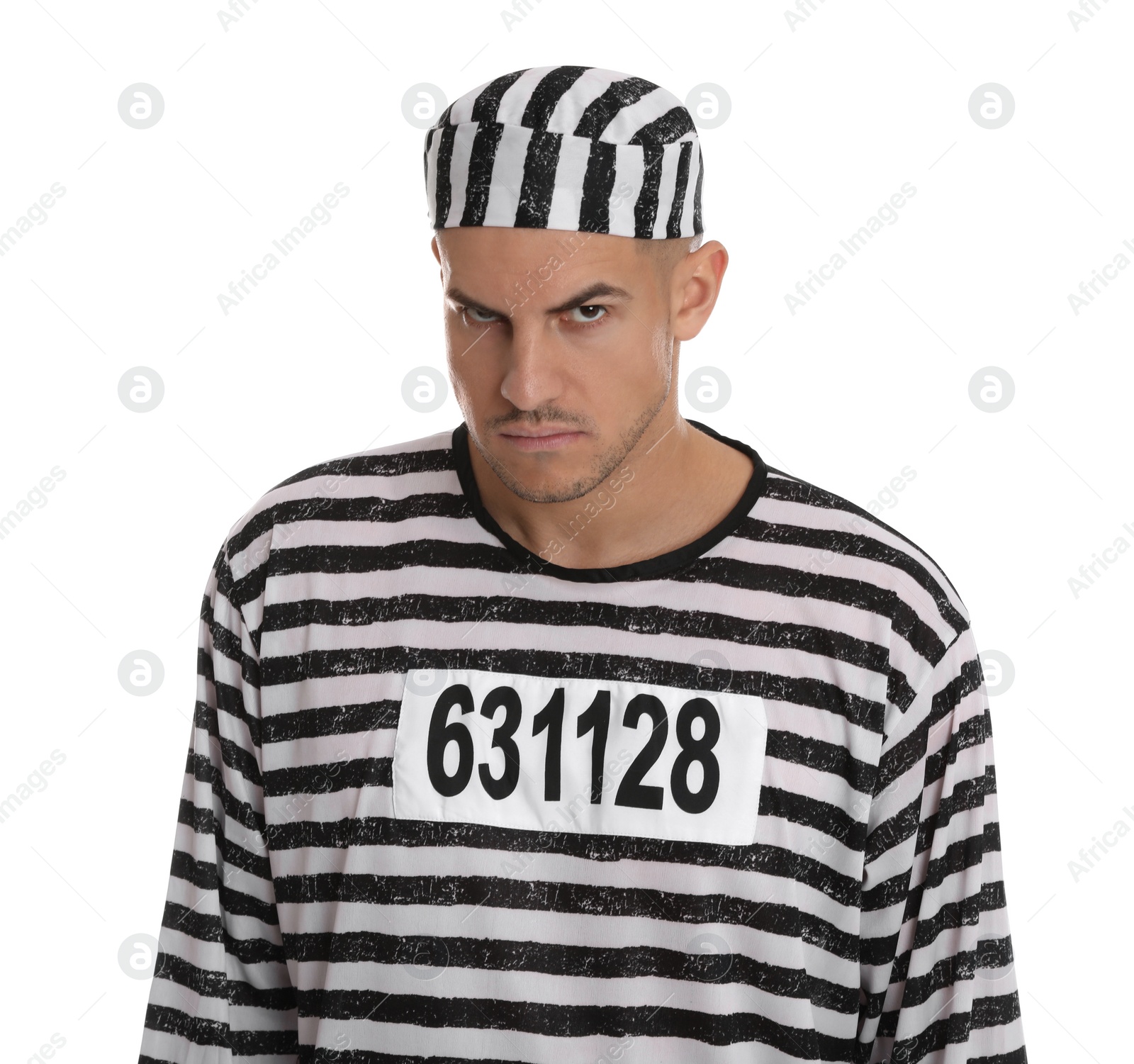 Photo of Prisoner in striped uniform on white background