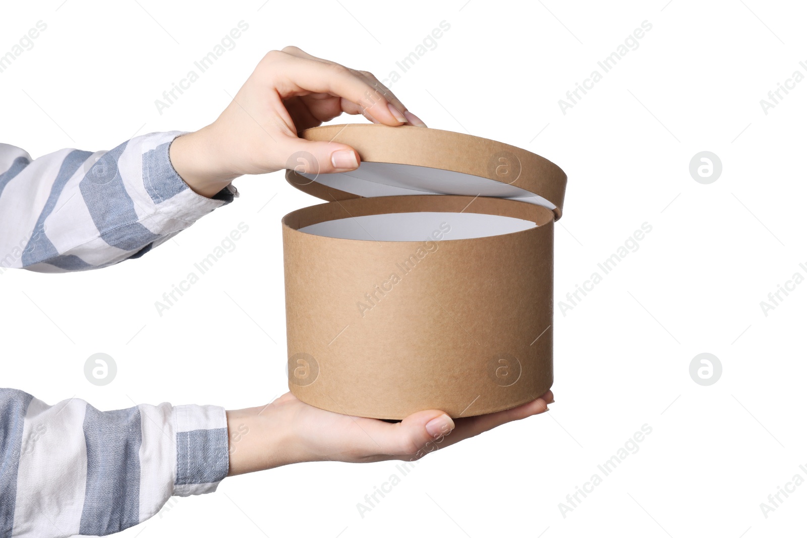 Photo of Woman opening gift box on white background, closeup