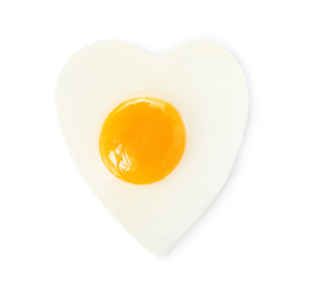 Photo of Heart shaped fried egg isolated on white, top view