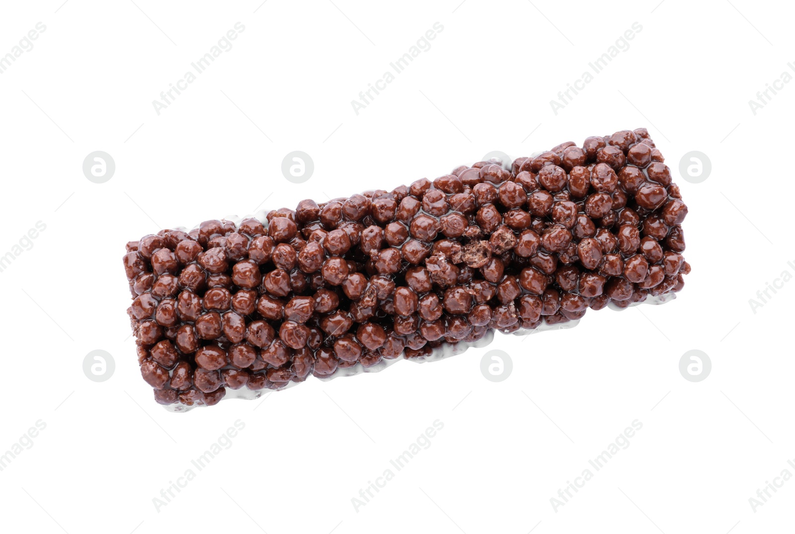 Photo of Bar of delicious rice crispy treat isolated on white, top view