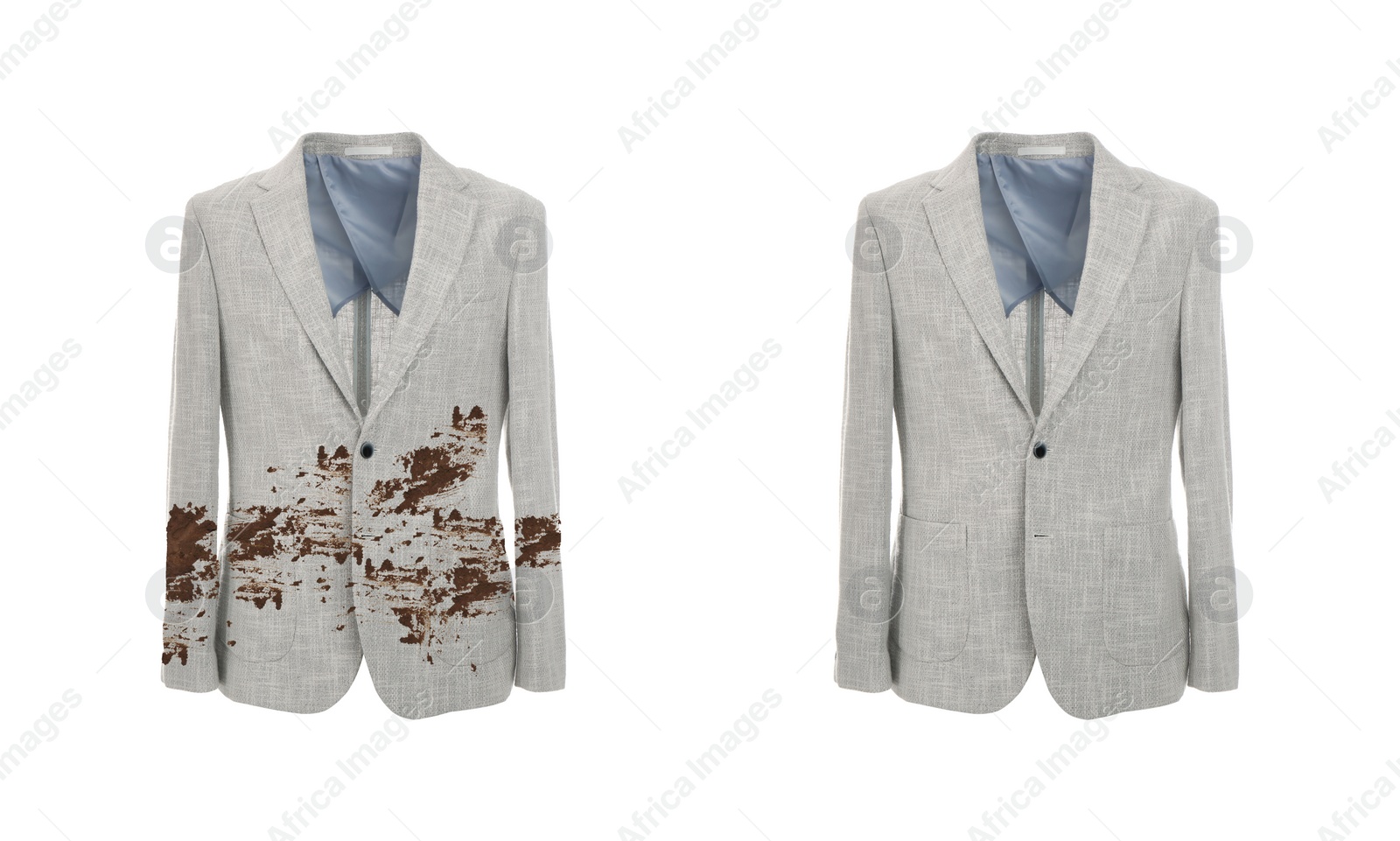 Image of Stylish suit jacket before and after washing on white background, collage. Dry-cleaning service