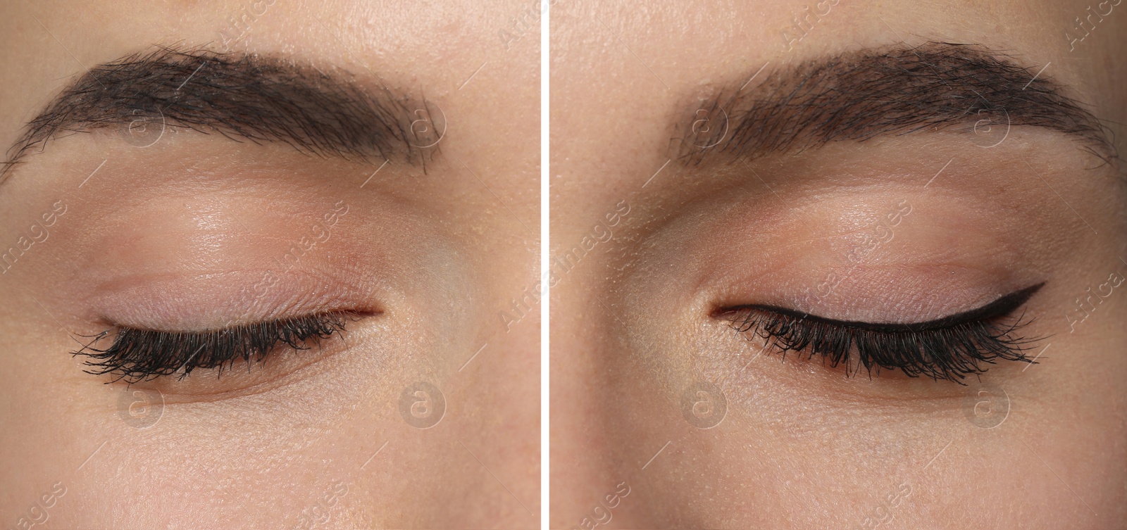 Image of Collage with photos of young woman before and after getting permanent eyeliner makeup, closeup. Banner design