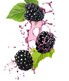 Image of Fresh blackberries and juice in air on white background