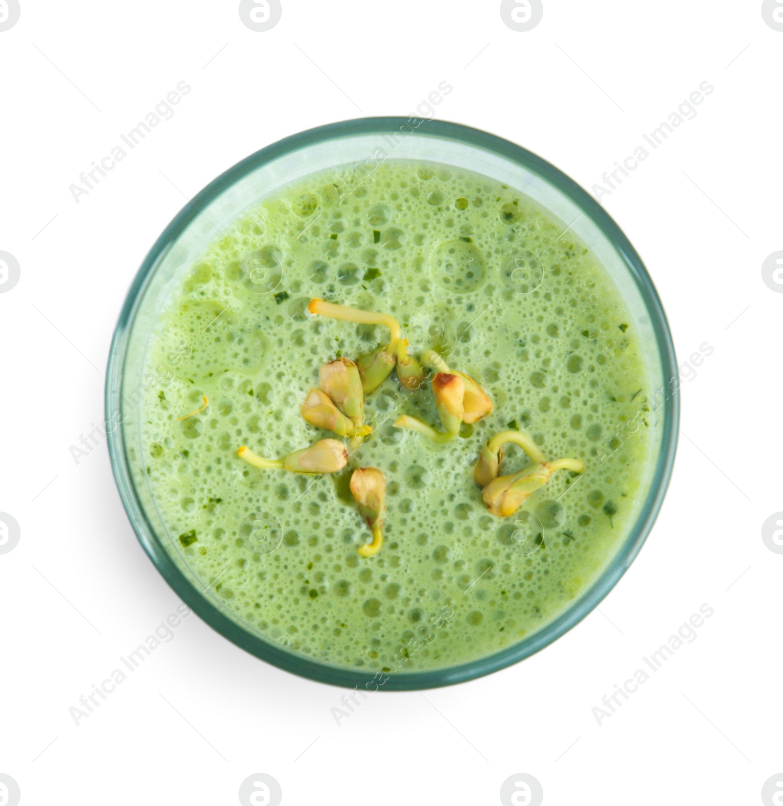 Photo of Glass of green buckwheat smoothie isolated on white, top view