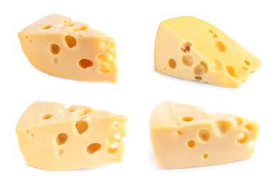 Image of Set with pieces of delicious cheese on white background 