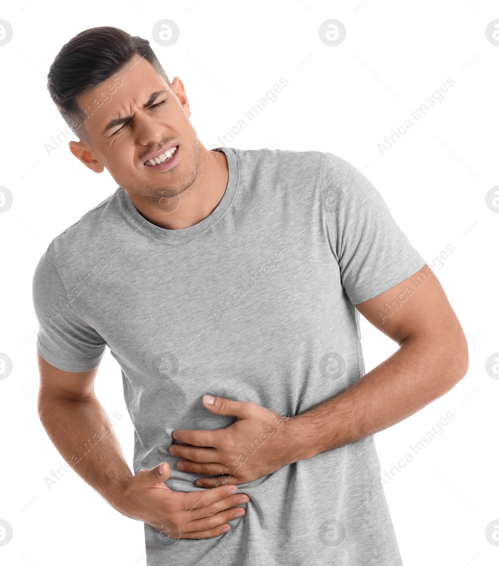 Photo of Man suffering from liver pain on white background