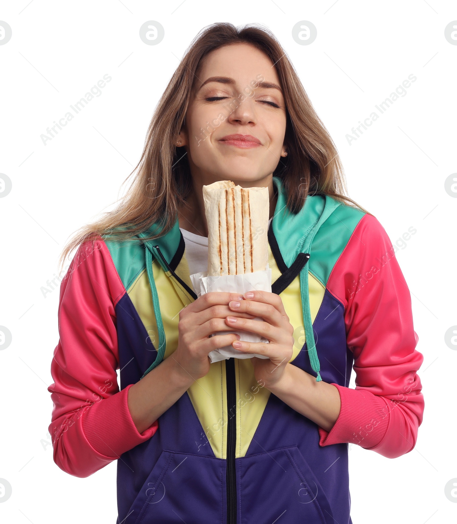 Photo of Young woman with delicious shawarma on white background