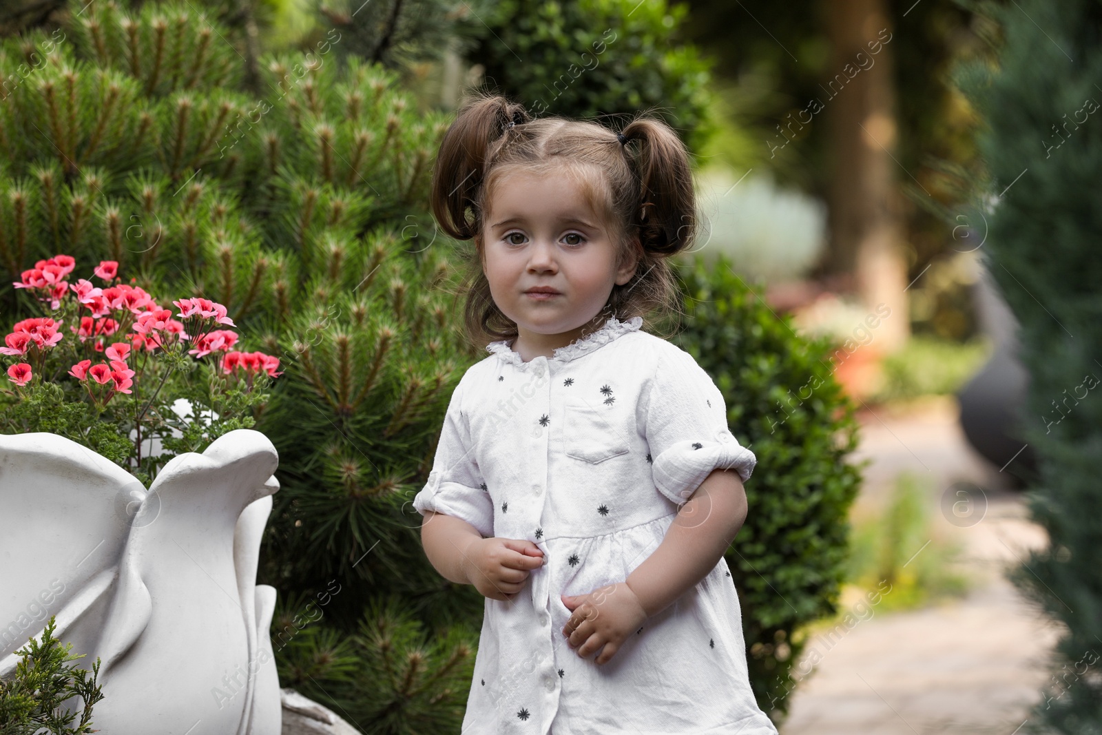 Photo of Cute little girl walking near green plants in park