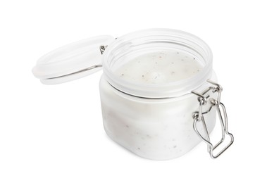 Open jar of exfoliating salt scrub isolated on white