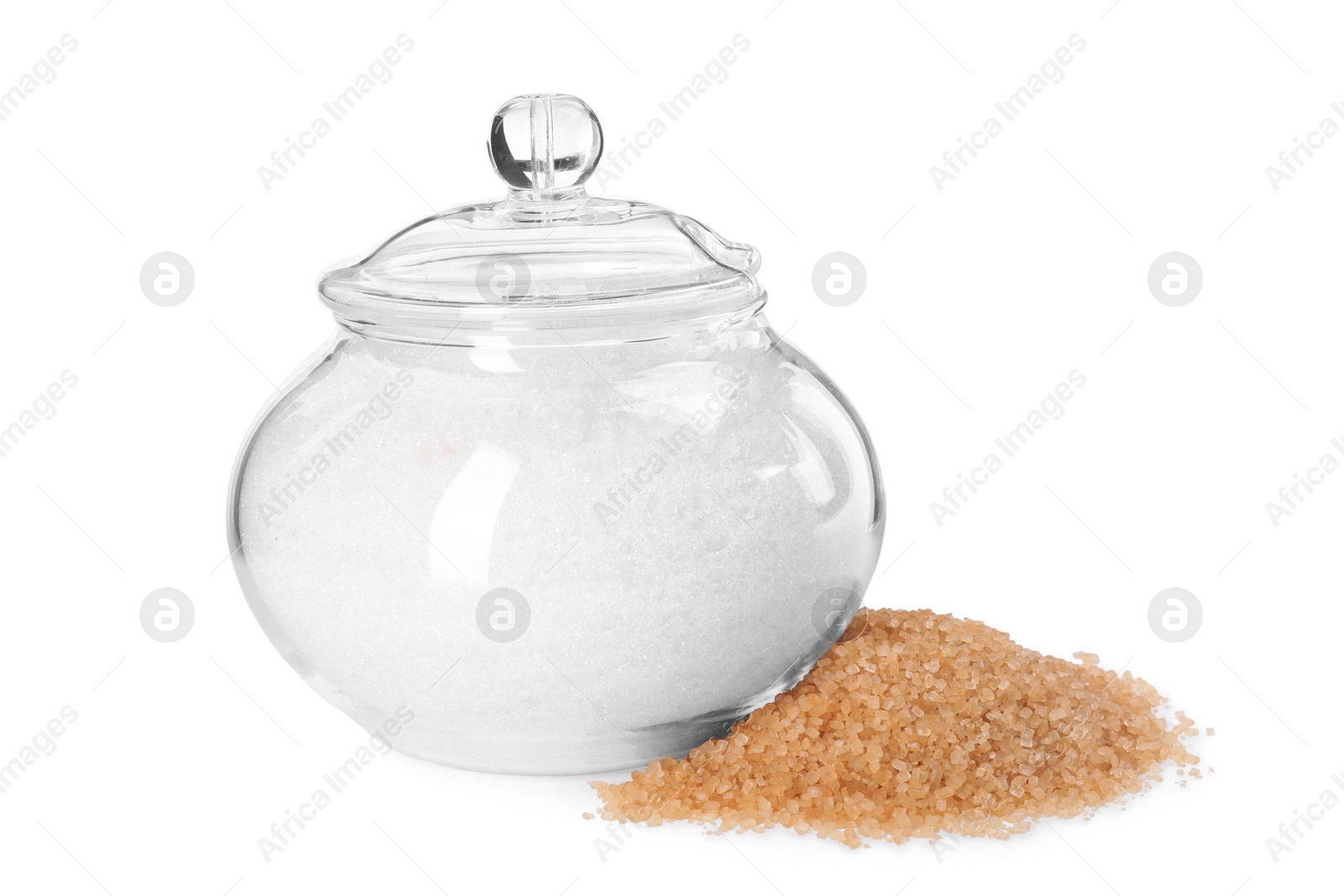 Photo of Different types of sugar and glass jar isolated on white