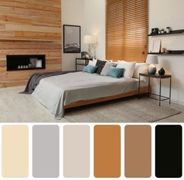 Image of Color palette and photo of stylish bedroom interior. Collage