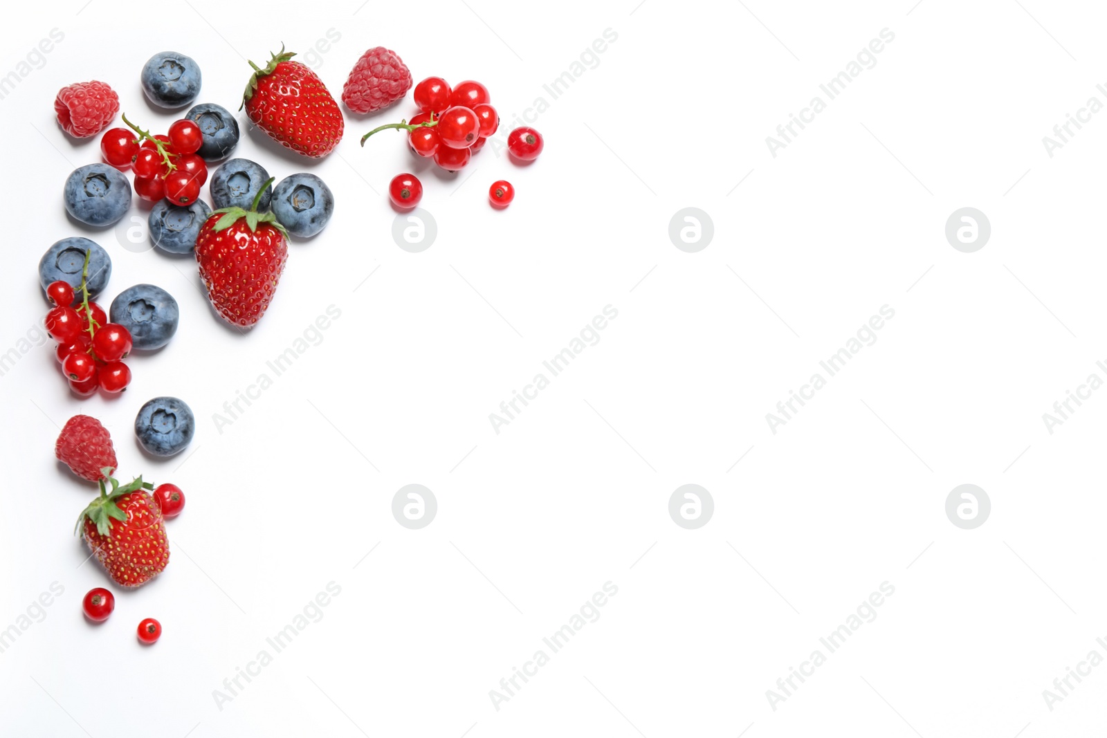 Photo of Mix of fresh berries on white background, flat lay