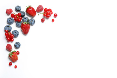 Photo of Mix of fresh berries on white background, flat lay