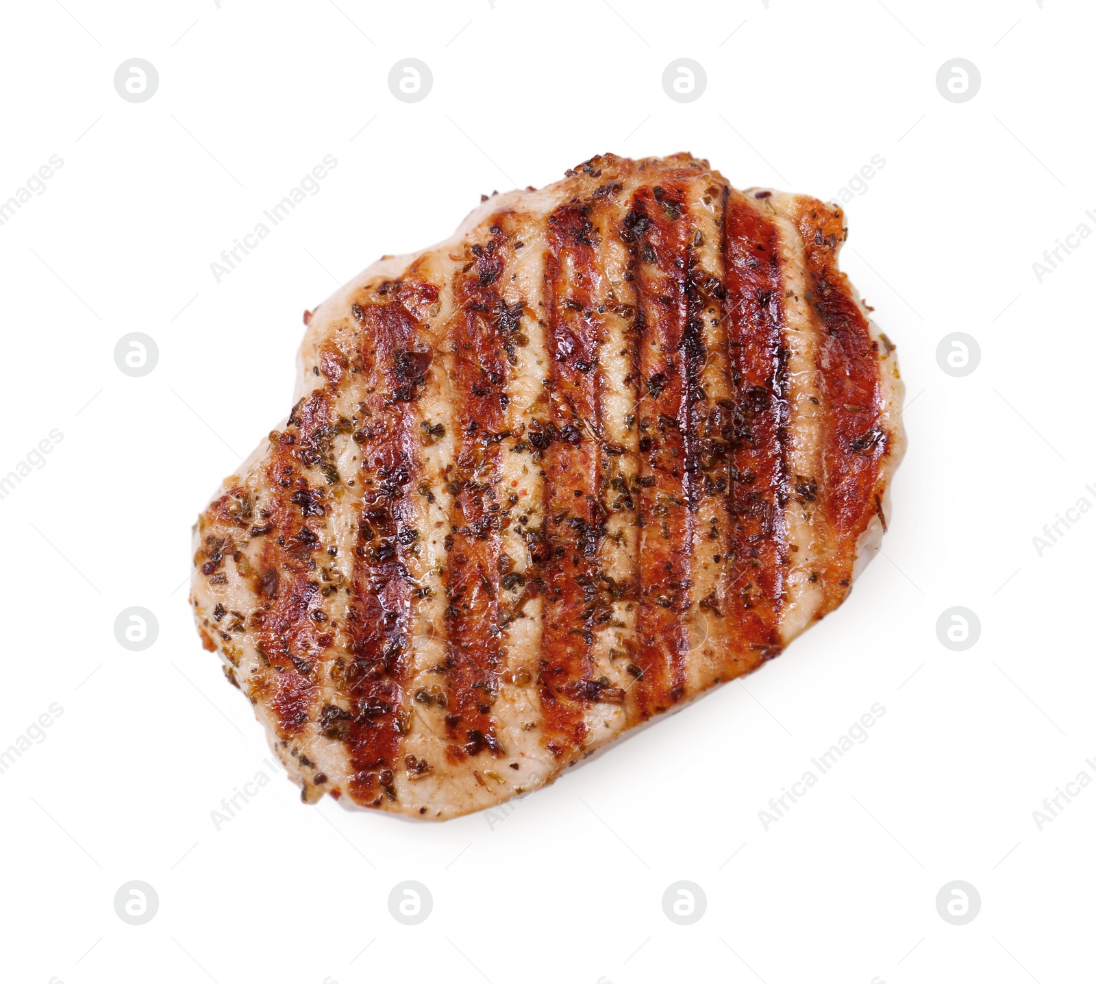 Photo of Delicious fried pork steak isolated on white, top view