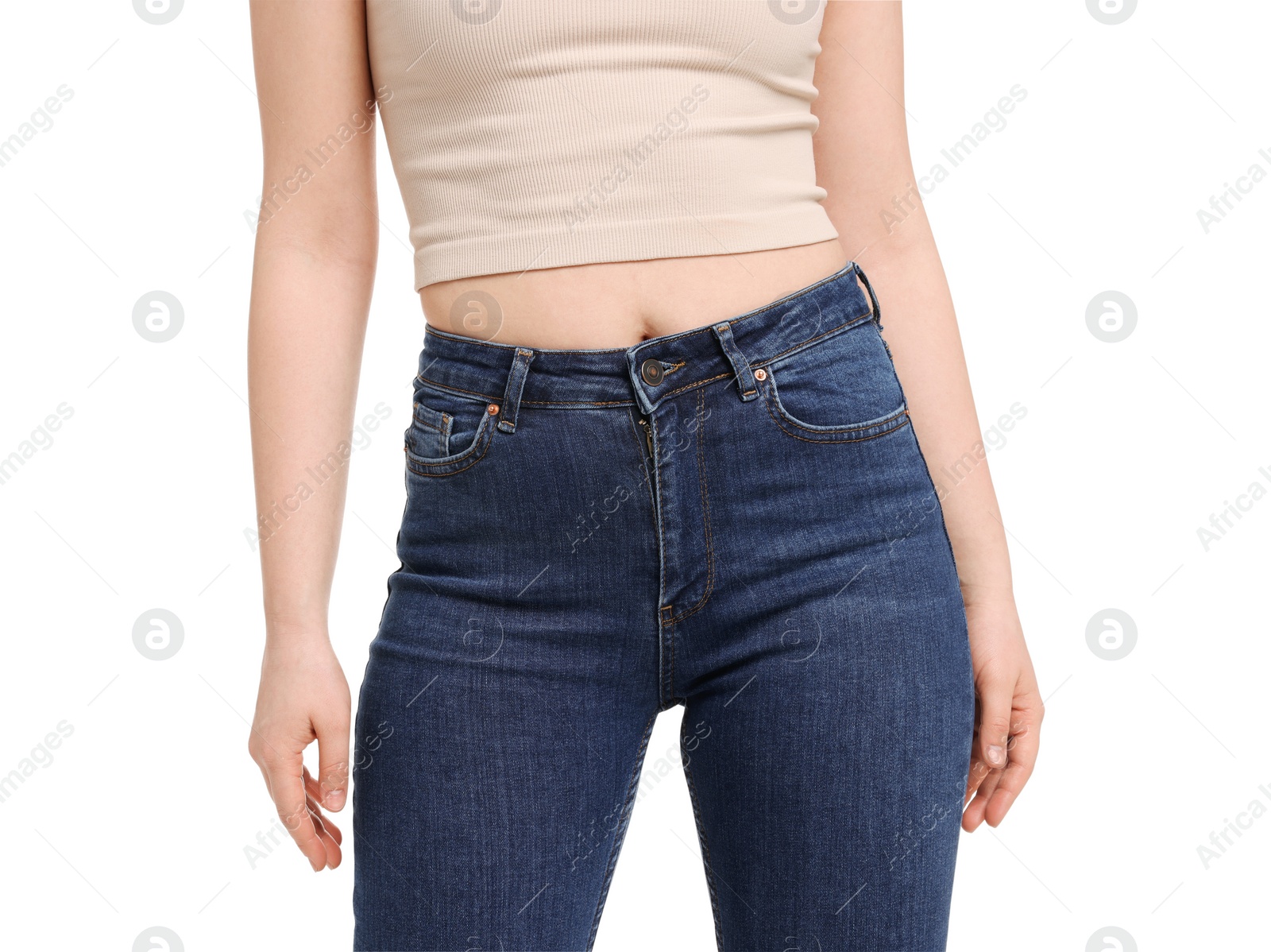 Photo of Woman in stylish jeans on white background, closeup