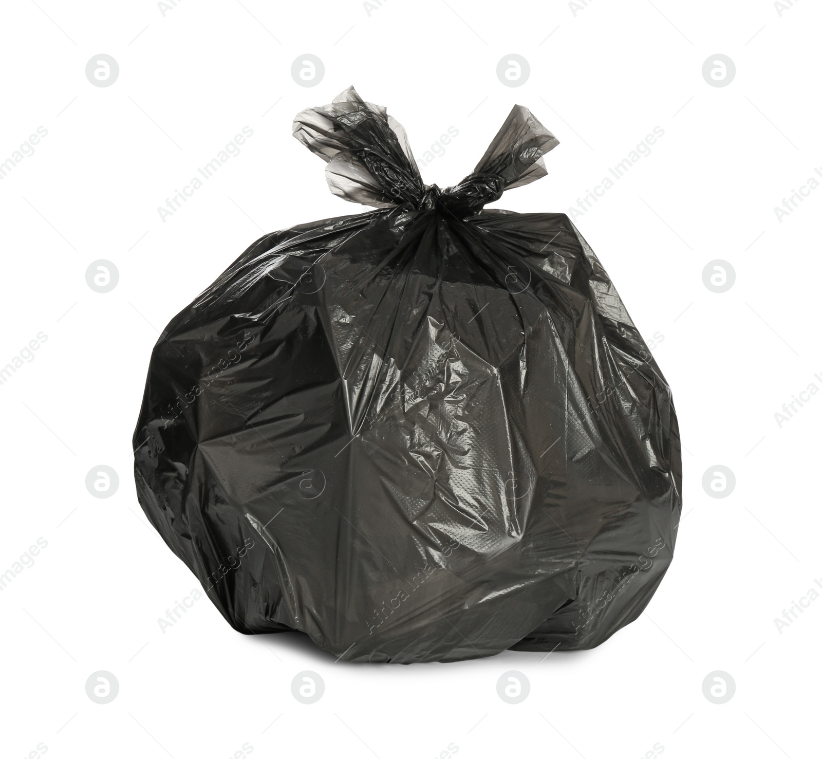 Photo of Black trash bag filled with garbage isolated on white