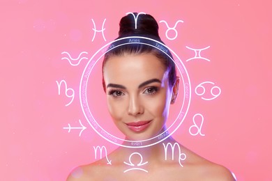 Image of Beautiful young woman and zodiac wheel illustration on pink background